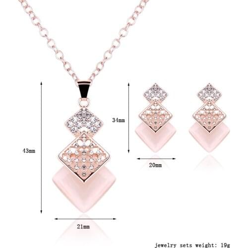 Hot Fashion Noble Rosed Gold-color Jewelry Set Triple Block Necklace Pendant Clear Australia Crystal Earrings Birthday//Prom