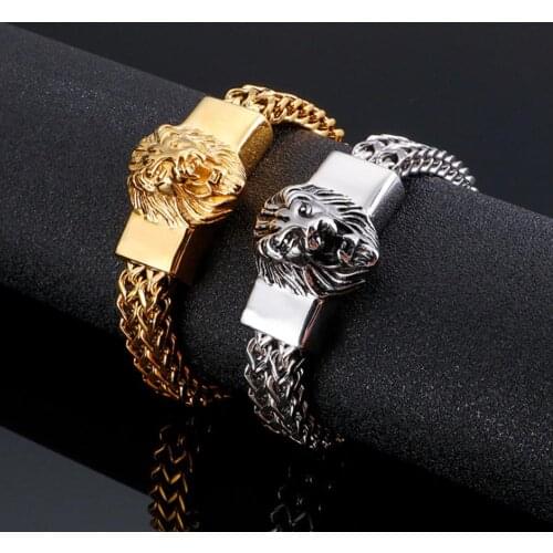 New Sale Silver Color Or Gold Lion Head Biker Jewelry Stainless Steel Figaro Chain Mens Bracelet Wristband 8.66inch