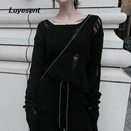 Solid Black Gothic Women Hollow Out Knit Sweater Lady Split Hole Broken Long Sleeve Pull Sweater Dark Goth Punk Knitted Top