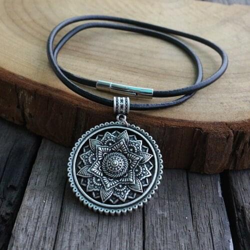 Mandala flower pendant necklace yoga jwelry with Genuine Leather Stainless Steel Clasp chain