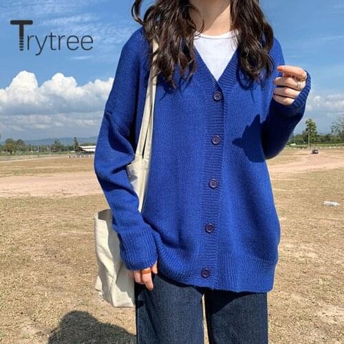 Trytree 2020 Autumn Winter Woman Casual Coat V-neck Single Breasted Loose Solid 5 Color Knitting All-Purpose Style Sweater Coat