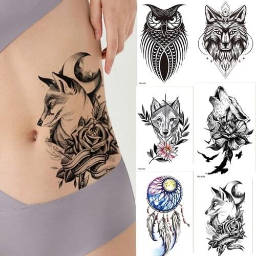 Fake Tattoo Sticker Wolf Girl Artificial Flowers Lavender Temporary Tattoos for Women Man Black Dig Stickers Sexy Bikini Decal