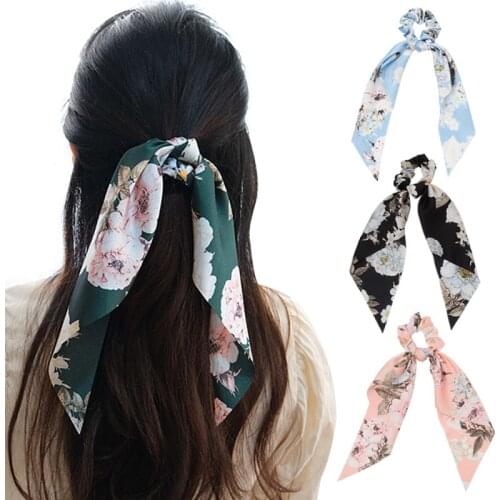 5pcs Fashion Floral Print Scrunchies Hair ribbon For Women Ponytail scarf Satin Silk Elastic Hair Bands Hair Accessories