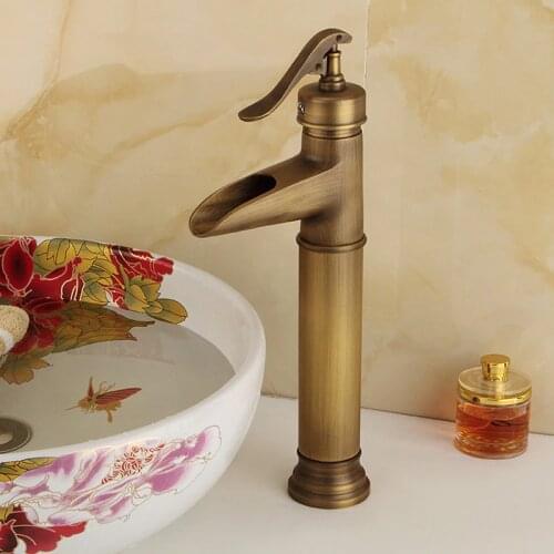 Basin Faucets Antique Brass Waterfall Bathroom vessel Sink Faucet Single Handle Hole Deck Wash Mixer Water Tap WC Taps
