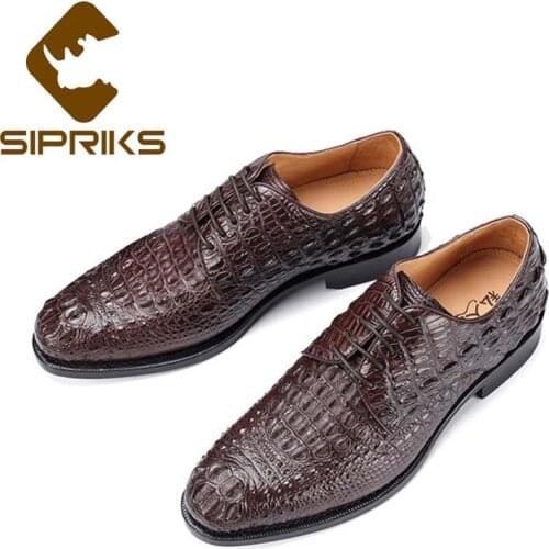 Sipriks Mens Black Crocodile Skin Casual Shoes Italian Handmade Goodyear Welted Derby Shoes Lace Up Formal Tuxedo Social Flats