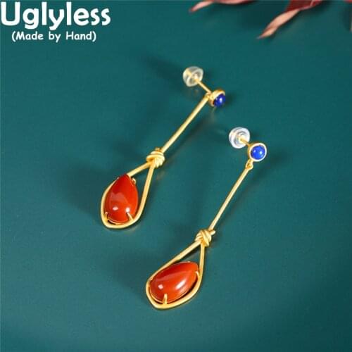 Uglyless Hollow Waterdrop Agate Earrings for Women Lapis Studs Earrings Simple Geometric Fashion Dress Jewelry 925 Silver Brinco