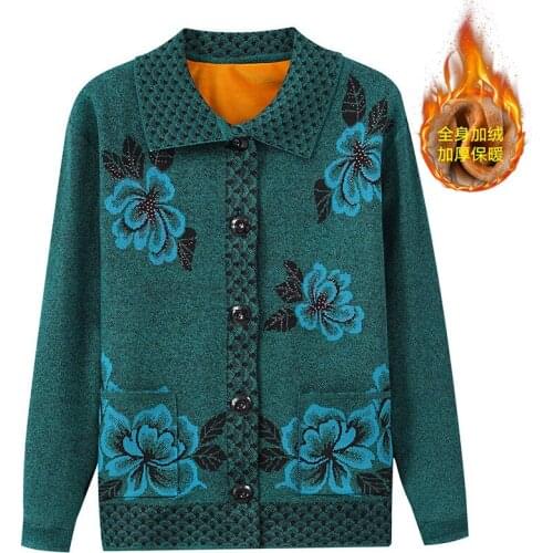New Autumn Winter Clothing 2021 Sweaters Long Sleeve Floral Printed Cardigan Lapel Knitted Sweater Plus Velvet Thick Warm Jacket