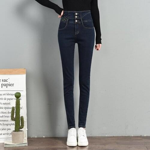 Voorjaar Borduurwerk Jeans Vrouw Hoge Taille Stretch Skinny Potlood Broek Femme Elastische Slanke Broek Mujer Plus Size Casual D