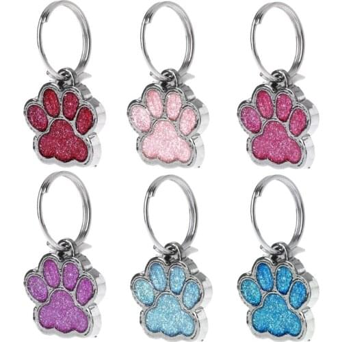 Pet Collar Tag Shiny Glitter Paw Shape Pet Dog Cat ID Tag Keychain With Ring