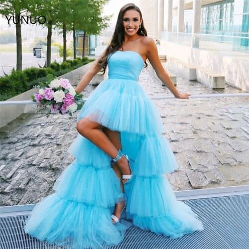 YUNUO High-low Tulle Ball Gown Prom Dresses Tiered Strapless Sexy Evening Gowns Ruched Lace Up robe de soirée Party Gowns
