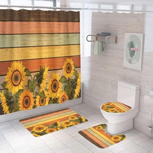 Yellow Sunflower Shower Curtain Flowers Bathroom Set Fashion Pattern Bath Curtains Non Slip Toilet Cover Floor And Mat Rug Sets