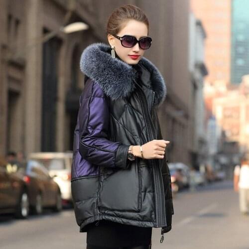 Natural Fox Fur Collar Genuine Leather Jacket Women Winter White Duck Down Jacket Real Sheepskin Coat Female Outwear Hiver 19048