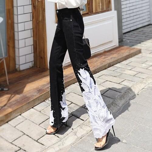 Womens jeans summer Slim High waist embroidery Flare Pants Full Length jeans 39NF806