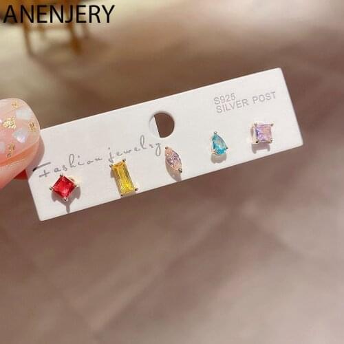 ANENJERY 6Pcs/Set Earrings Mini Fashion Color Zircon Stud Earrings Set for Women Geometric Shape Crystal Ear Jewelry S-E1294