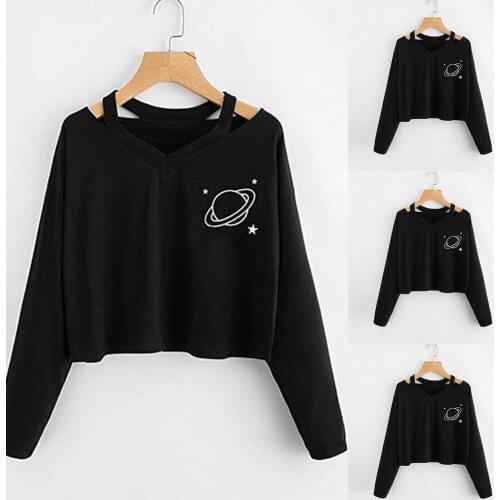 New Women Long Sleeve V-neck Planet Printed Sweatshirt Gothic Harajuku Black Pullovers Crop Tops Fashion