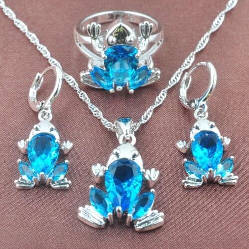 Stylish Sky Blue Cubic Zirconia Frog Design Silver Color Jewelry Sets For Women Earrings Necklace Pendant Ring Set TZ0316