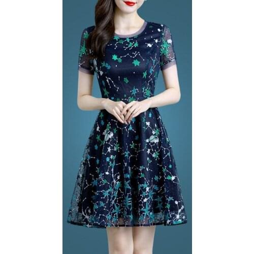 S-4XL Summer Women Elegant Vintage Dress Sexy A-line Mesh Chiffon Vestidos Short Sleeve Retro Party Dress Plus Size 3760