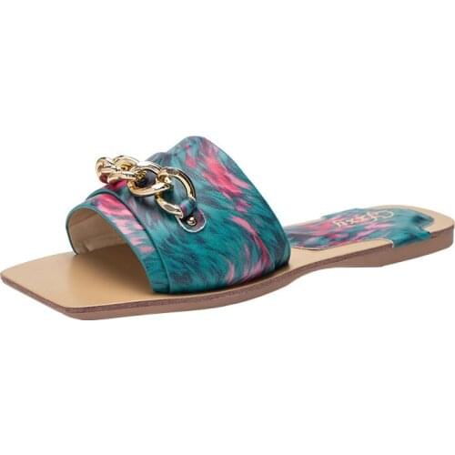 2021 Plus Size 42 Luxury Design Square Head Women Slippers Fashion Colorful PU Leather Flip Flops Soft Cozy Ladies Indoor Shoes