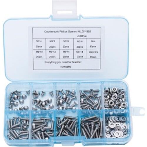 320Pcs/set M3 DIN965 ISO7046 GB819 304 Stainless Steel Machine Screws Flat Head KM Screw Kit