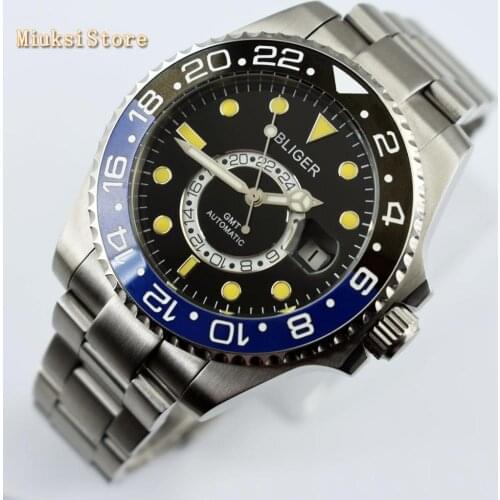 Bliger 43mm black dial luminous marks sapphire glass ceramic bezel date GMT automatic mens top mechanical watch