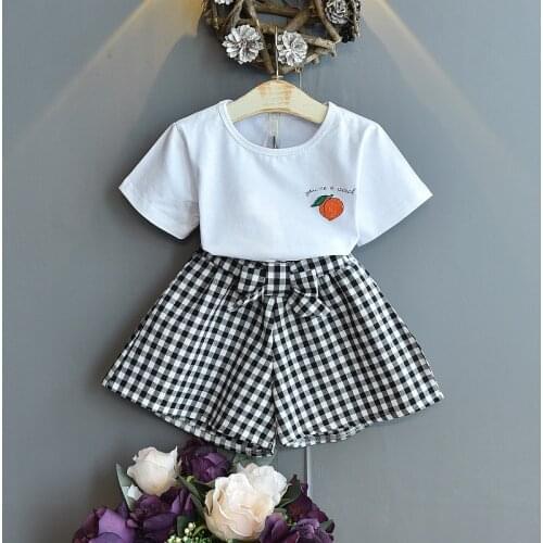 Baby Girl Cute Peach Clothes Set 2021 Summer T-shirt & Plaid Short 2 Color Styles Children Two-piece Clothing Suit For 3-7Y Kids