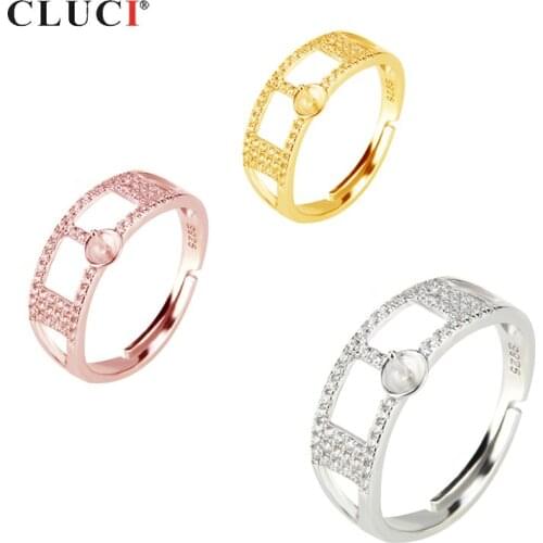 CLUCI Big Adjustable 925 Sterling Silver Pearl Ring Mounting Hollow Zircon Open Women Ring Jewelry SR2070SB