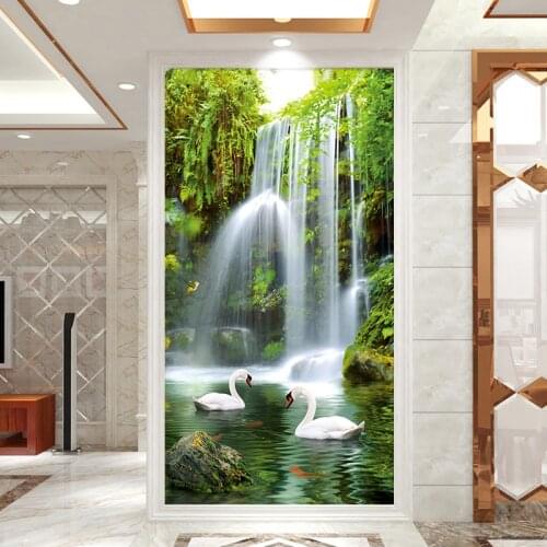 Swan Lake Waterfall Scenery DIY Door Wall Stickers Home Decor Living Room Porch Art Mural Self-adhesive Waterproof Wall Poster