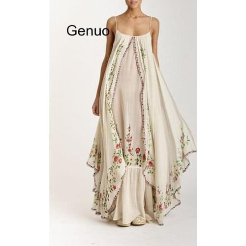Summer Dress Beach Boho Women Sleeveless Vintage Floral Printed Bohemia Strap Long Dress Sundress V-neck Irregular Vestido 2020