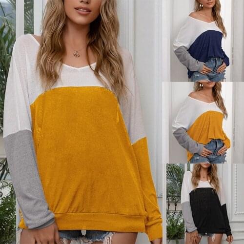 Hot kf-Spring Ladies Casual Loose Contrast Color Stitching Top Fashion Long-Sleeved T-Shirt Tops