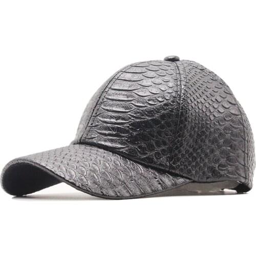 Fashion High Quality PU Snake Leather Baseball Caps For Men Women Solid Black Faux Leather Cap Casual Snapback Wholesale