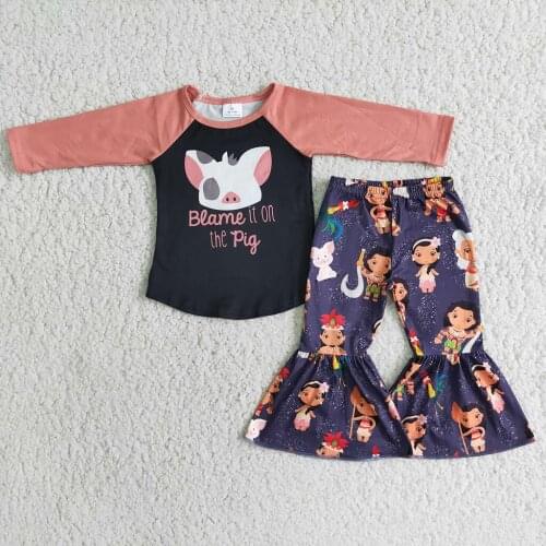 2021 Fall Baby Girls Clothes Sets Pig Printing Cartoon Raglan T Shirt And Flare Bell Pants Toddler Children Suit For Kids