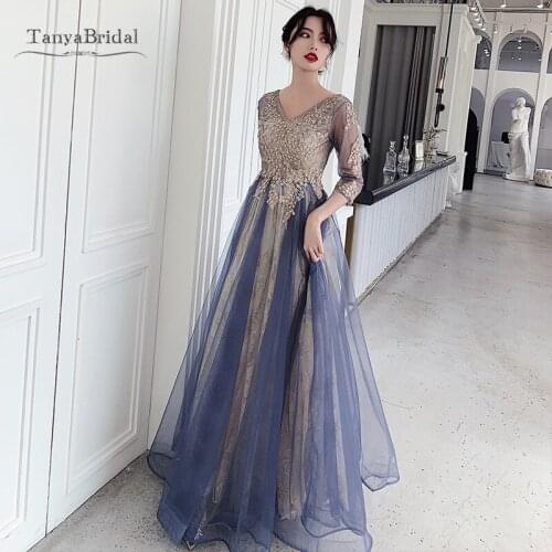 Prom Dresses 2020 Blue Tulle Gold Lace V Neck Gradient Formal Evening Dress vestidos de fiesta de noche New Fashion
