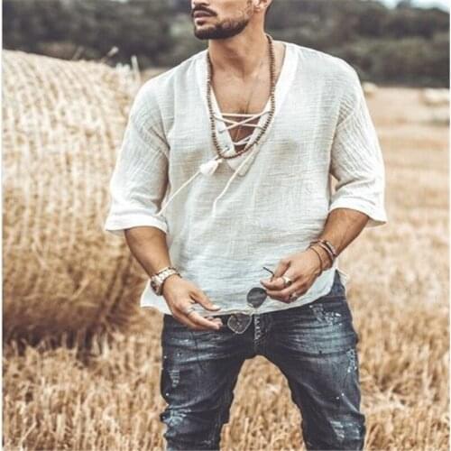 Mens Fashion Hippie Shirt Casual Middle Sleeve V Neck Summer Beach Loose Tee Tops