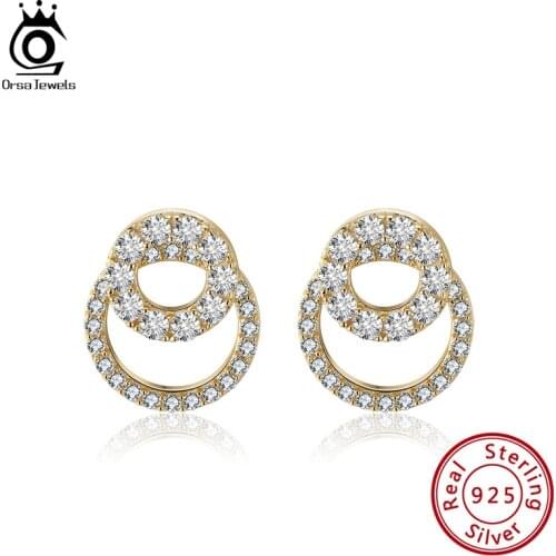 ORSA JEWELS Real 925 Silver Double Circles Stud Earrings for Women Gold Plated Zirconia Small Girl Earrings Jewelry SE298