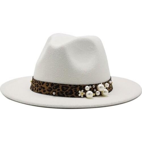New Women Wide Brim Imitation Wool Felt Fedora Hats Fashion Church Party Female Dress Hat Pearl Ribbon Decor White Hat 56-60CM