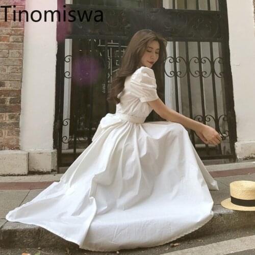 Tinomiswa Vintage White Dress Women O Neck Puff Sleeve A Line Dresses 2021 New Unicolor Slim Waist Casual Retro Vestidos Mujer