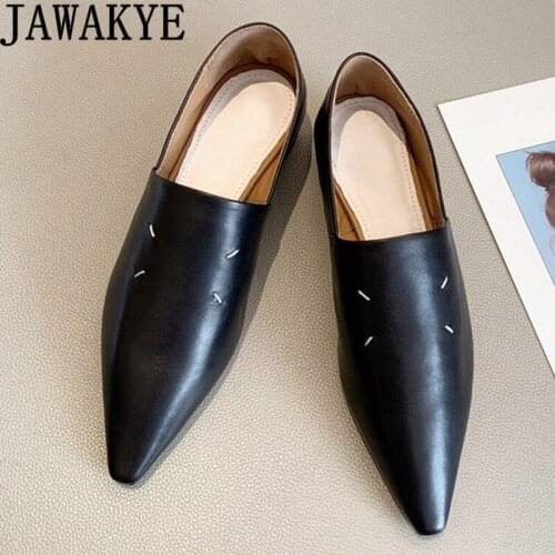 Pointy Wrap toe Real Leather Flat Shoes Women Japanese-style kitten face chunky Heel Casual Formal Shoes Britain Shoes Mujer