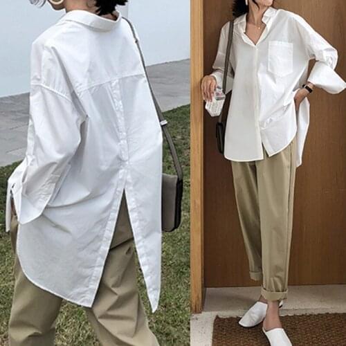 Women Blouses 2021 Spring White Shirts Fashion Lapel Casual Solid Long Sleeve Buttons Asymmetrical Tops Oversized Blusas