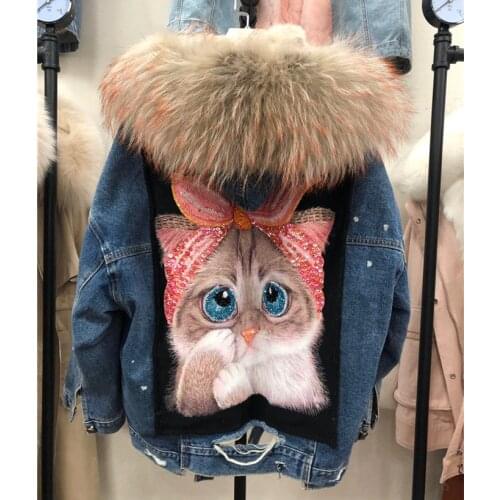 Back cartoon cat print thick fur liner real fur parka women natural raccoon fur collar denim jacket oversized fur hood coat
