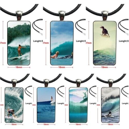 For Women Girl Gift Glass Cabochon Jewelry Steel Color With Long Pendant Choker Rectangle Necklace Surf Tumblr