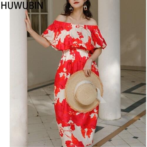 Summer New Btyle Bubble Sleeve Temperament Goddess Design Elastic Waist Open Back Pleated Skirt Bohemian Mid Long Fake Dress