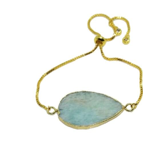 1pc Light Blue natural slice stone gold chain bracelet women 2018 bezel slab natural amazonite connector charm bracelet for men