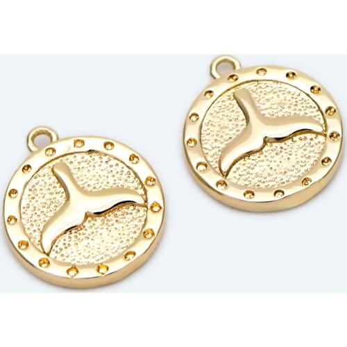 10pcs Disc Whale Tail Charms 13x11mm, 18K Gold Plated Brass, Textured Round Pendants (GB-1925)