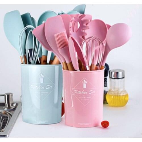 12PCS/Set Silicone Cooking Kitchen Utensils Set Non-Stick Spatula Shovel Wooden Handle Cooking Tools Set With Storage Box