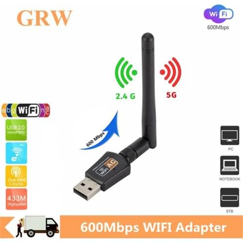 GRWIBEOU Wireless USB Wifi Adapter Free Driver 600Mbps Lan USB Ethernet 2.4G+5G Dual Band WiFi Network Card 802.11n/g/a/ac