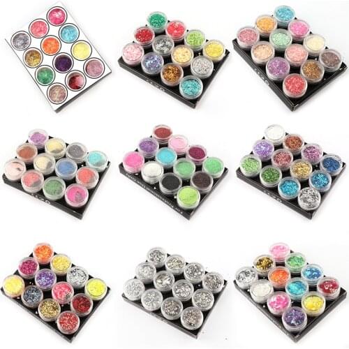12Pcs/Lot Shining Hexagon Mix Color Style Nail Art Glitter Powder Dust Rhombus Strip Spangle Gem Acrylic Gel Decoration Manicure