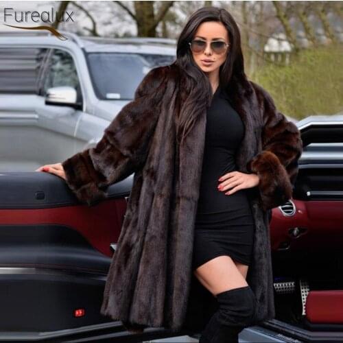 FUREALUX Fashion Real Mink Fur Coat Wide Version Stand-up Collar Winter Thicken Warm Womens Solid Color New Trend Clothing