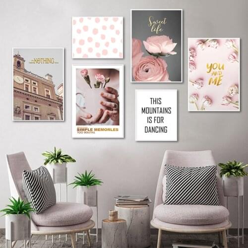 Girl Wall Art Canvas Fashion Poster Pink City And Fowers Landscape Print Painting Nordic Decoration Picture Living Room Decor