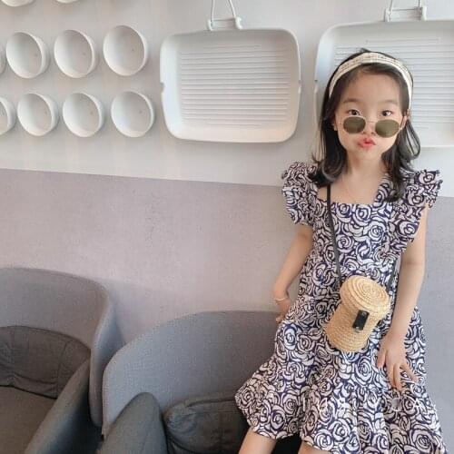 Summer Girls Slim Dress Abstract Flowers Square Collar 2021 New Fashion Princess Flared Dress Baby Kids ChildrenS Clothing