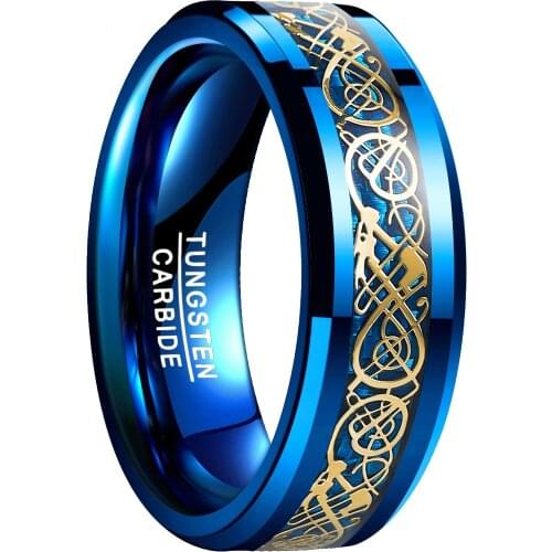 8mm Mens Ring Celtic Dragon Tungsten Carbide Ring Wedding Band Blue Black Carbon Fiber Engagement Ring Size 5-14